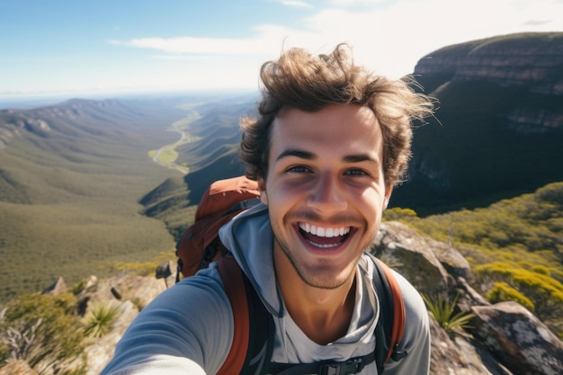 Photo a happy person hiking in the mountain