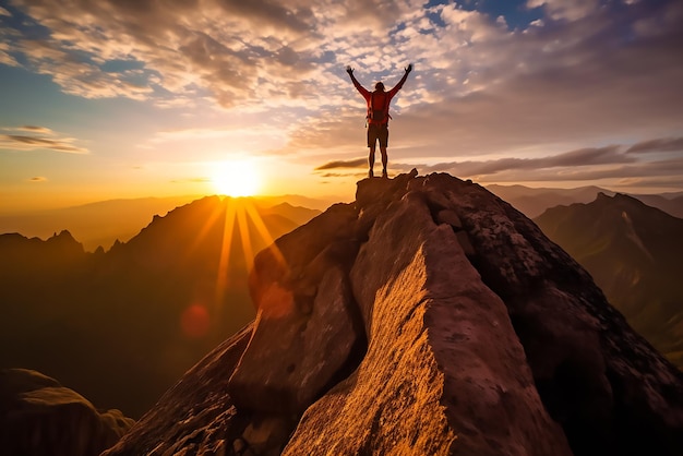 Happy person reaching at top of the mountain