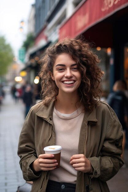 Foto persona felice per strada con un caffè in mano