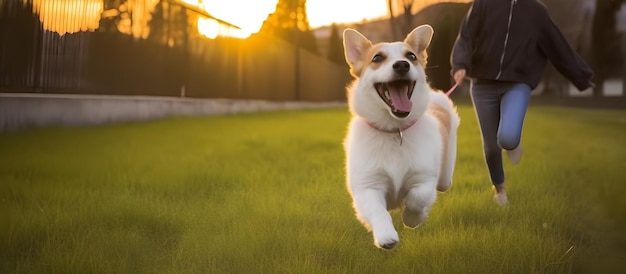 AI が生成した日没時に芝生の上を走る幸せなペットの犬と飼い主