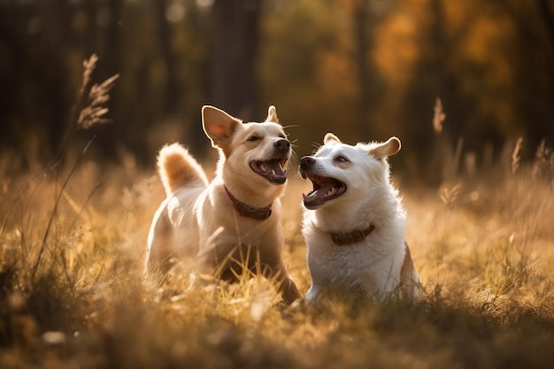 Happy pet dogs playing on grass