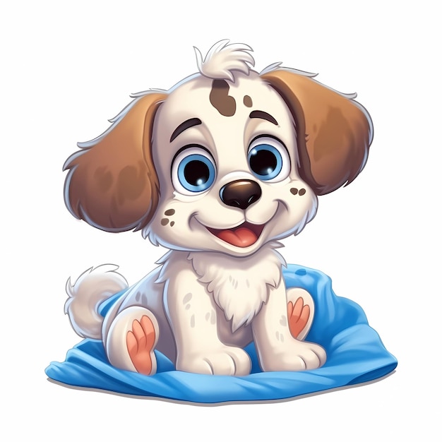 Happy pet puppy cartoon with blue eyes on a blue blanket on white background