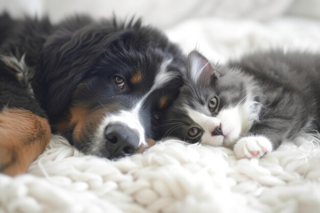 Photo happy pets bernese mountain dog puppy and gray tabby cat