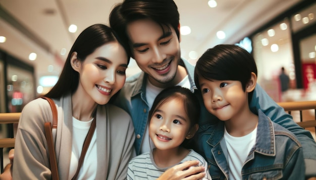 Happy photo of asian family sitting in a mall