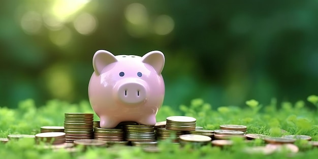 happy piggy bank and coins stack over blurred green garden background