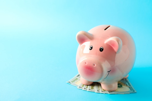 Happy piggy bank with dollars on color background