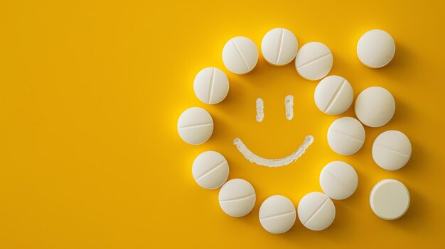 사진 행복한 알약 개념: 노란색 배경에 가루로 만든 미소 얼굴이 있는 원형으로 배열된  알약