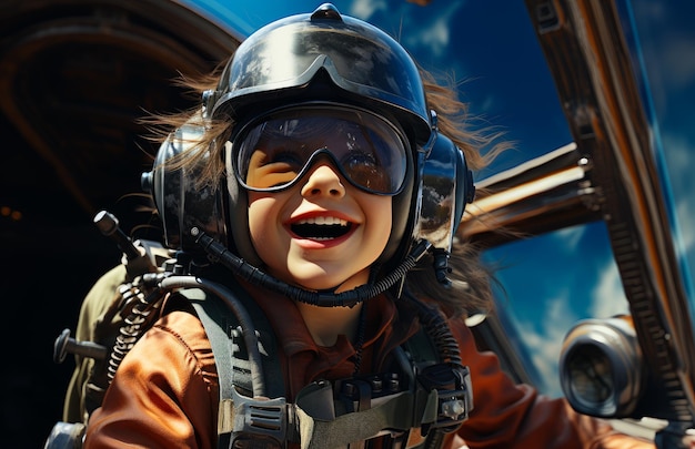 飛行機の肖像画で幸せなパイロット 制服とヘルメットを着た飛行士