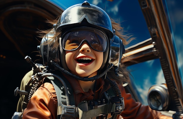 Happy pilot in plane portrait Aviator in uniform and helmet