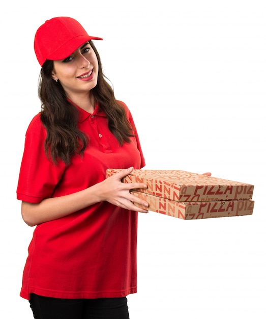 Happy pizza delivery woman