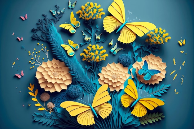 Happy playful day composition of yellow blue butterflies and flowers