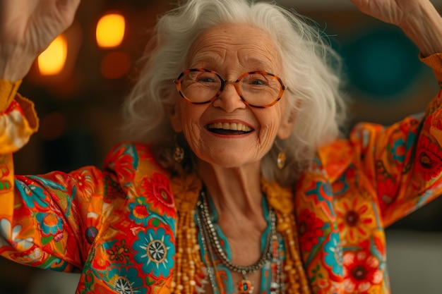 Happy and playful elderly woman in colored clothes indoors