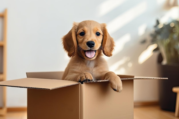 Happy playful puppy looking out of the cardboard box at home