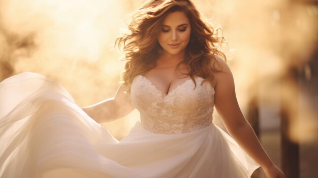 Happy plus size woman in a wedding dress Sunny light blurred background AI