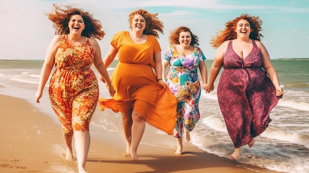 Happy plus size women having fun walking on the beach during summer vacations