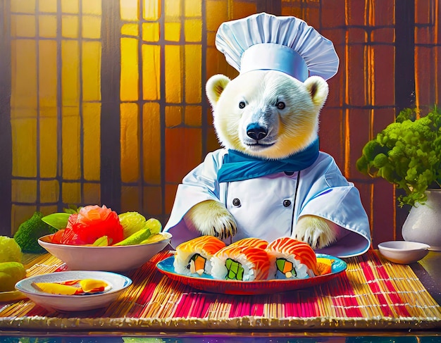 Foto happy polar bear chef cucina un piatto di sushi in cucina