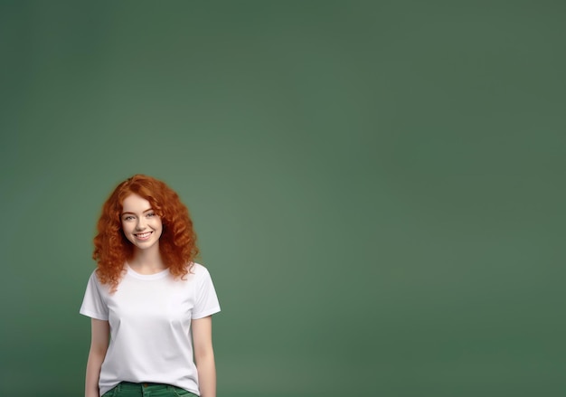 Happy positive smiling attractive redheaded teenage girl with curly hair looking at camera wearing casual trendy tshirt standing isolated on green background over studio copy space background