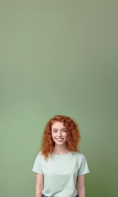 Happy positive smiling attractive redheaded teenage girl with curly hair looking at camera wearing casual trendy tshirt standing isolated on green background over studio copy space background