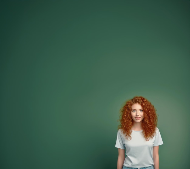 스튜디오 복사 공간 배경 위에 녹색 배경에 고립된 캐주얼 트렌디한 티셔츠를 입은 카메라를 보고 곱슬머리를 한 매력적인 빨간 머리 십대 소녀