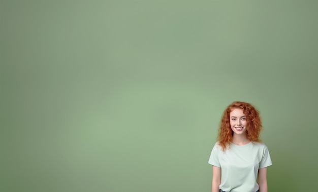 Happy positive smiling attractive redheaded teenage girl with curly hair looking at camera wearing casual trendy tshirt standing isolated on green background over studio copy space background