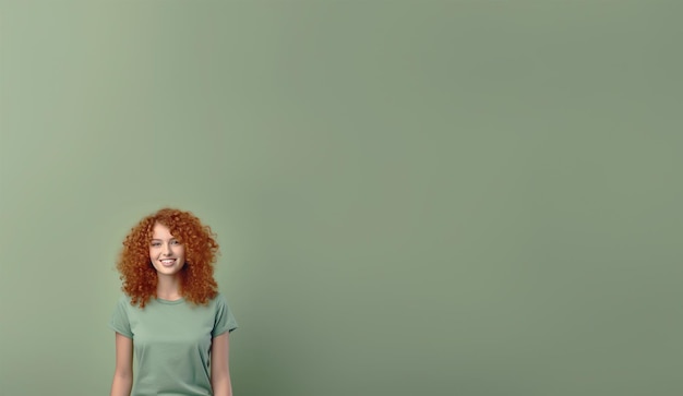 スタジオ コピー スペースの背景の上に緑の背景に分離されたカジュアルなトレンディな t シャツを着てカメラを見て巻き毛を持つ幸せな肯定的な笑顔魅力的な赤毛の 10 代の少女