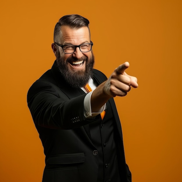 Happy preacher smiling and pointing on clear backdrop religion concept