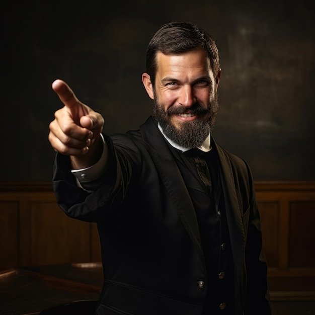 Happy preacher smiling and pointing on clear backdrop religion concept