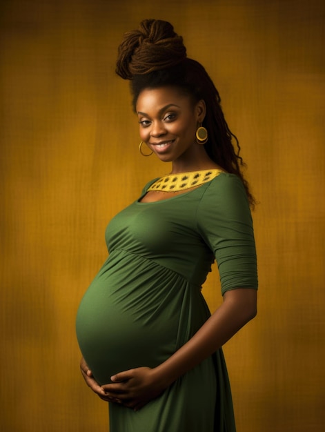 happy pregnant beauty young american black skin woman touching her big belly brown background