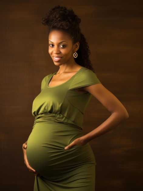 幸せな妊娠中の美しさの若いアメリカ人の黒い肌の女性が彼女の大きなお腹の茶色の背景に触れます