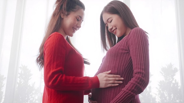 Happy pregnant lesbian couple spending time together at home.