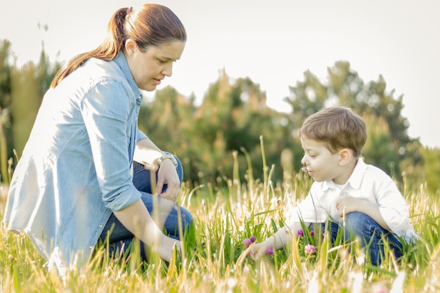 Happy pregnant mother and cute son picking a bouquet of flowers in a sunny field