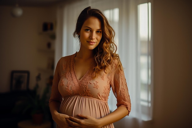 Счастливая беременная женщина дома.