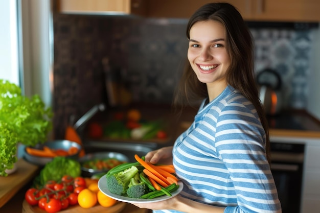 Happy pregnant woman smiling and eating a plate of healthy food