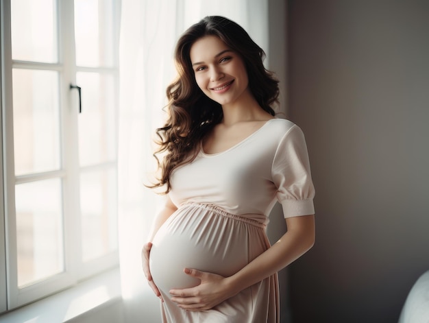 Happy pregnant woman touching her belly