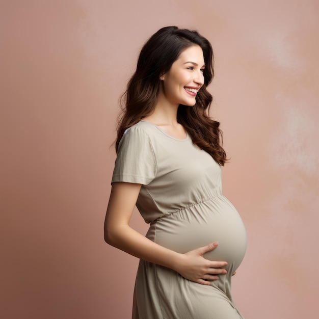 Happy pregnant woman touching her belly