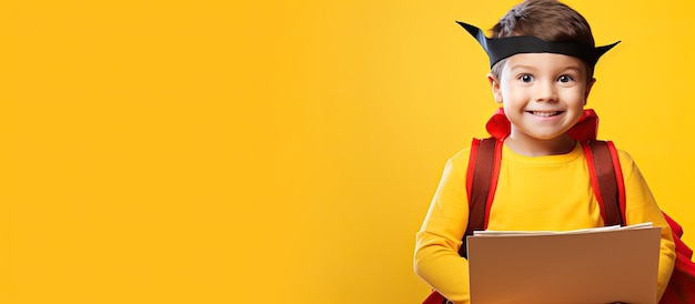 Happy preschool boy with book on head and bag against yellow background