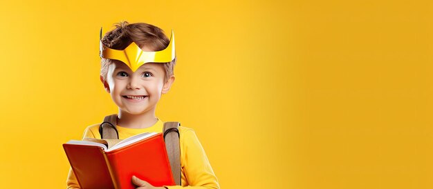 Photo happy preschool boy with book on head and bag against yellow background