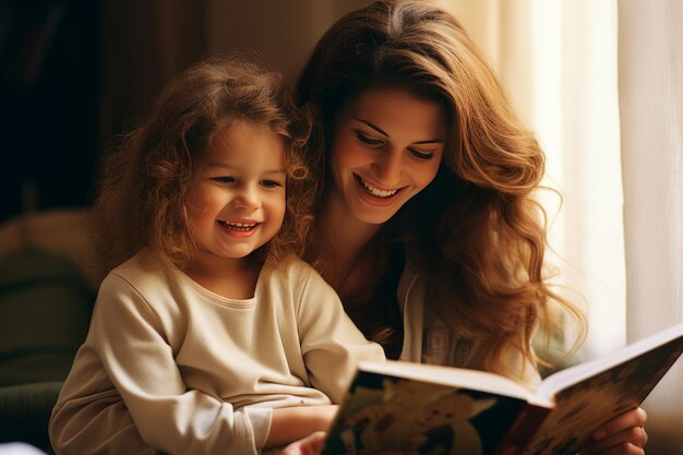 Happy preschool girl and her mom enjoying a laughter filled story book reading session