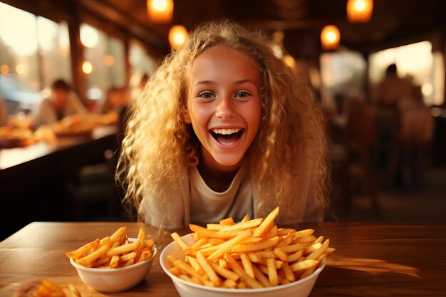 Happy preteen girl enjoying delicious french fries in a cozy cafe with ample copy space