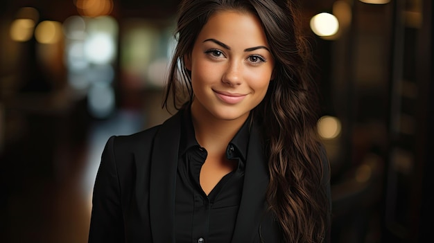 Happy Pretty Business Woman Standing in the Hall and looking at the camera smiling