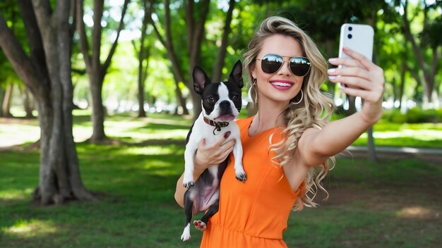 Photo happy pretty woman park making selfie photo holding boston terrier dog smiling positive mood tre