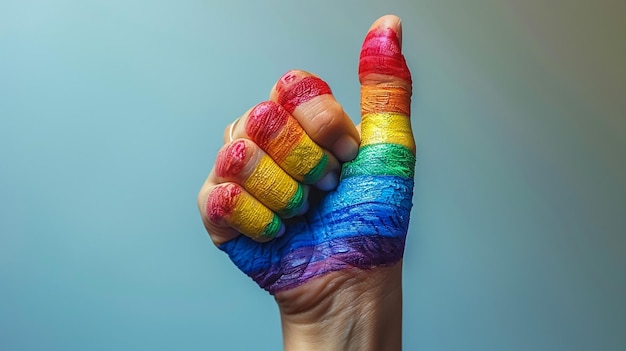 Happy pride month 2023 on white background and thumb up hand raising which has rainbow wristband
