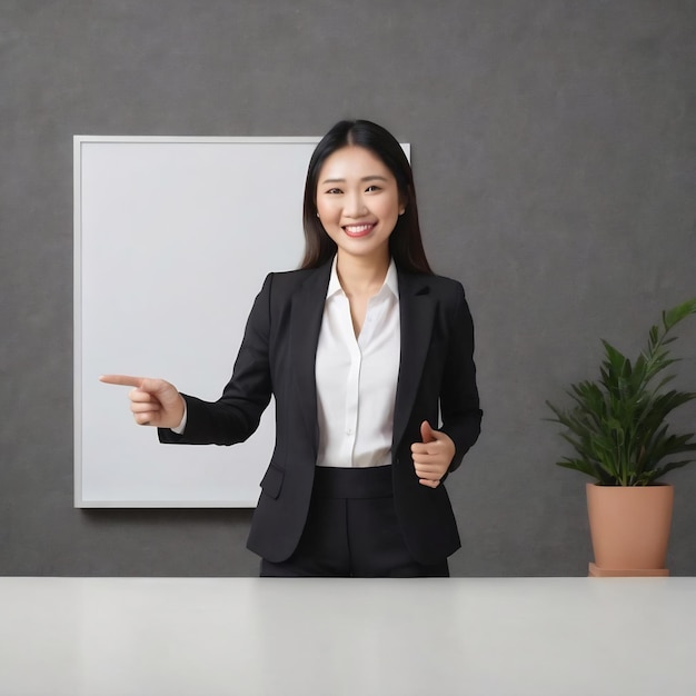 Happy professional asian female manager businesswoman in suit showing announcement smiling and poi