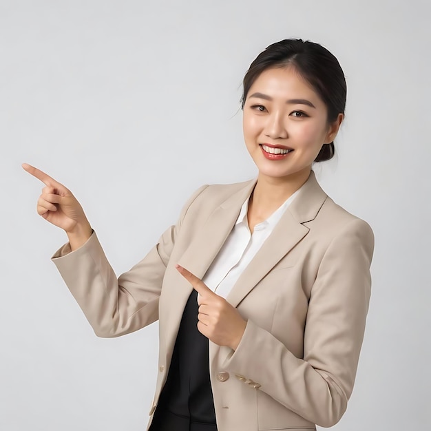 Happy professional asian female manager businesswoman in suit showing announcement smiling and poi