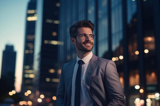 Foto un uomo d'affari professionista felice che cerca di costruire una città