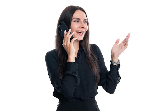 Happy professional business woman businesswoman director talking on business mobile phone