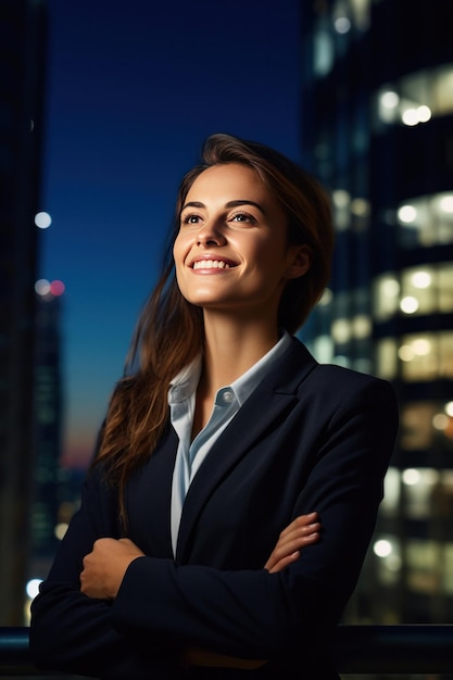 A happy professional business woman looking city building