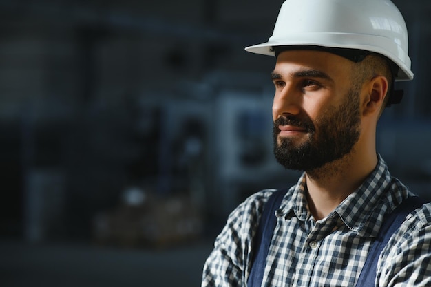 Happy professional heavy industry engineer worker wearing\
uniform and hard hat in a steel factory smiling industrial\
specialist standing in a metal construction manufacture