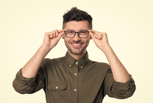 happy professional man in glasses caucasian professional man in shirt portrait of professional man isolated on white background professional man portrait in studio