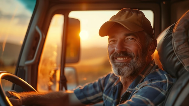 Happy professional middle age truck driver driving his truck and looking at camera Copy space